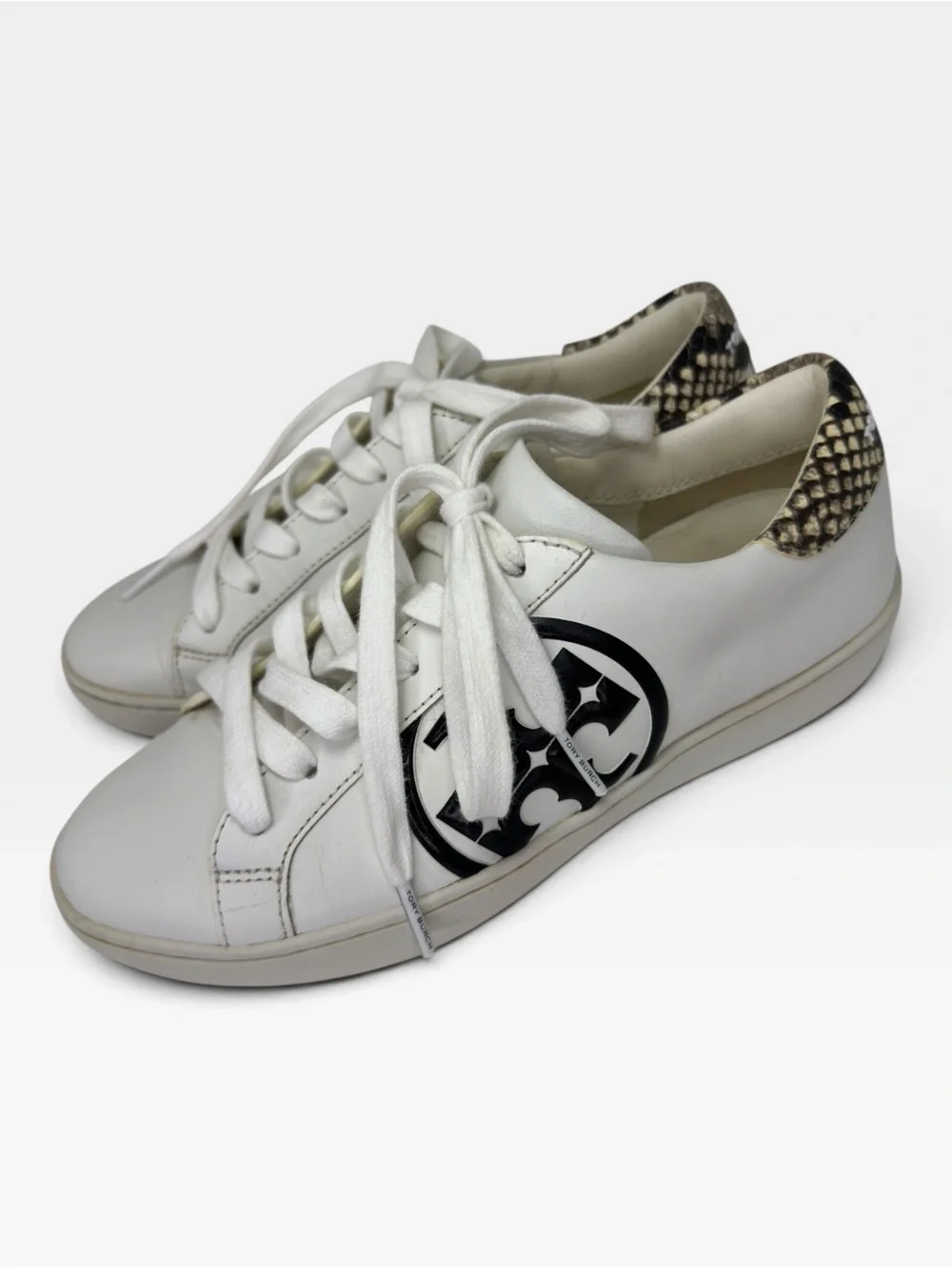 Tory Burch White Leather Logo Sneaker with Snake-Print Heel SIZE 6.5 W